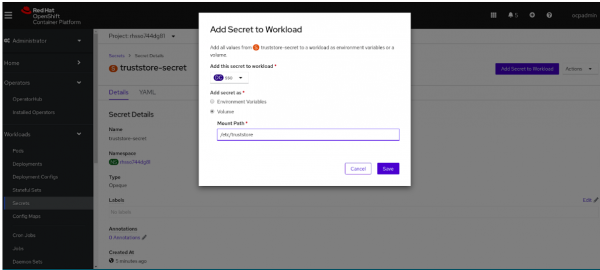 Add a secret to the workload in the OpenShift console.