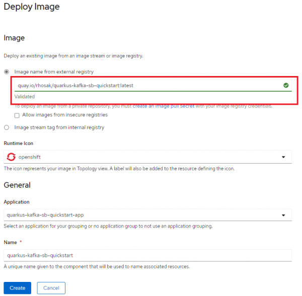 OpenShift deploy image panel