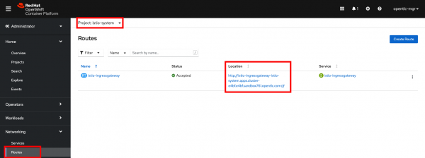 Screenshot of the kubeflow dashboard route in the istio-system project