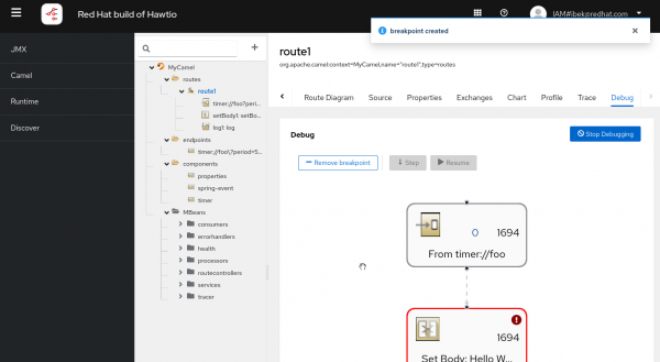 Debugging a Camel route in HawtIO