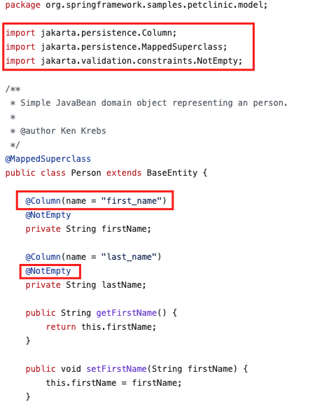 Import of dependencies and hard link with database layer and annotations in code.