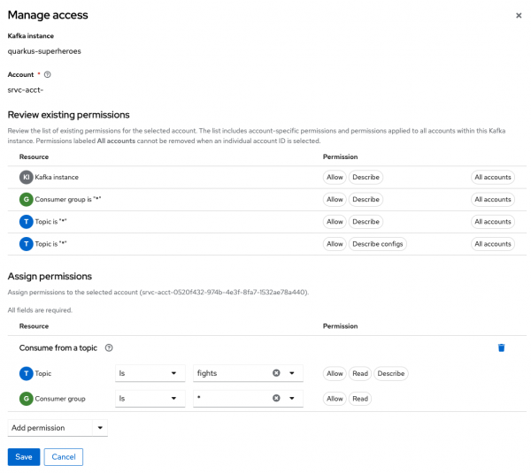 The Manage Access screen lets a service consume from a Kafka topic.