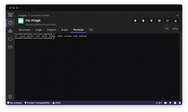 Details of a Container, and interactive shell session