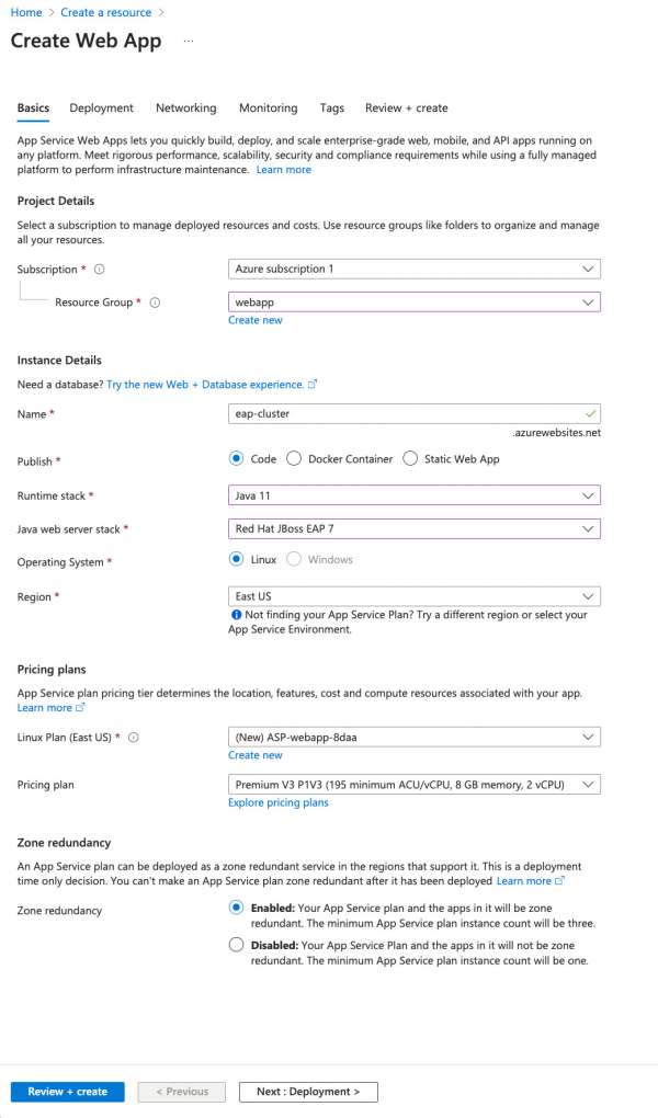 The form fields to create a JBoss EAP web app.