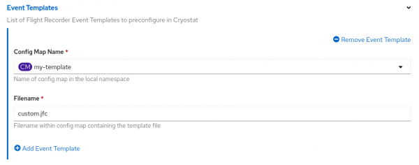 Creating an OpenShift ConfigMap containing a JDK .jfc event template definition file.