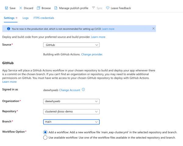 The Deployment Center page with fields to specify organization, repository, and branch for the deployment.