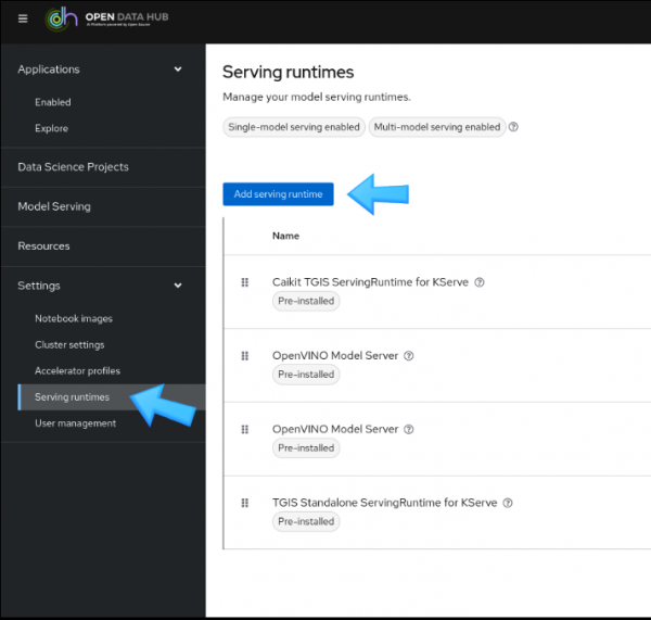 A view of the Open Data Hub menu with Serving runtimes visible in the left side menu under Settings