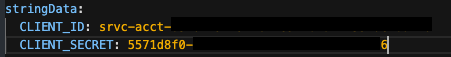 The YAML for the event-statistics-config-creds shows CLIENT_ID and CLIENT_SECRET.