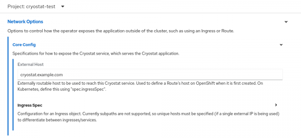 A view of the screen in which the user can specify the hostname of their Cryostat project.