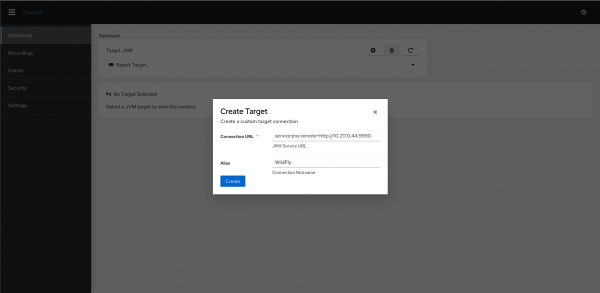 Screenshot of the Cryostat web interface for creating a custom target definition.