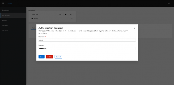 Screenshot of the Cryostat web interface prompting for credentials to connect to the new target.