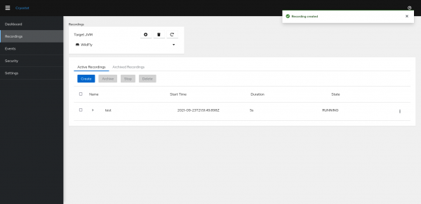 Screenshot of the Cryostat web interface displaying the recording running on the target.