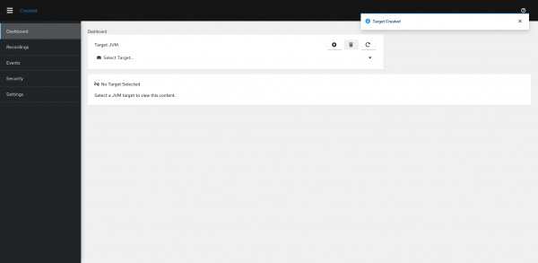 Screenshot of the Cryostat web interface confirming target creation.