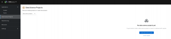 A view of the Open Data Hub menu with Data Science Projects visible in the left side menu and a blue button reading Create data science project visible on the right side of the screen.