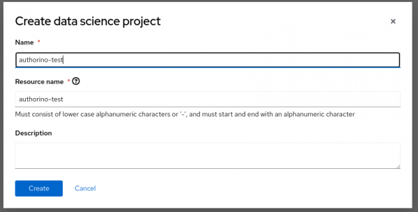 A view of the screen that appears after clicking Create data science project. There is a field labelled Name where the user must enter authorino-test.