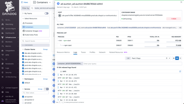 Container's side panel showing detailed information about a specific container, we can see the containers data, system's processes running inside and all logs associated with that container