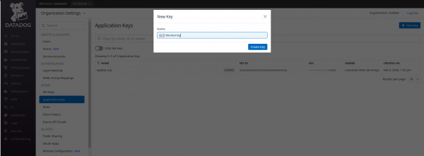 Organization Settings' Menu in the Datadog platform for adding a new API Key
