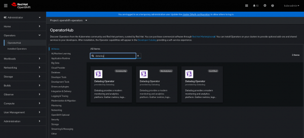 Operators Menu in the Openshift console to find the Datadog Operator