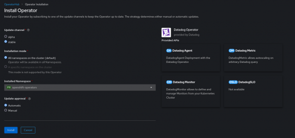 Installation page for the Datadog Operator, showing some configurations chosen by the users, as well as the resources installed by the Operator.