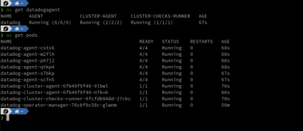 Output showing all Datadog pods created by the operator