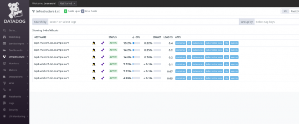 Visualisation in the Datadog platform focused on the Infrastructure list, which shows the hosts being monitored by Datadog