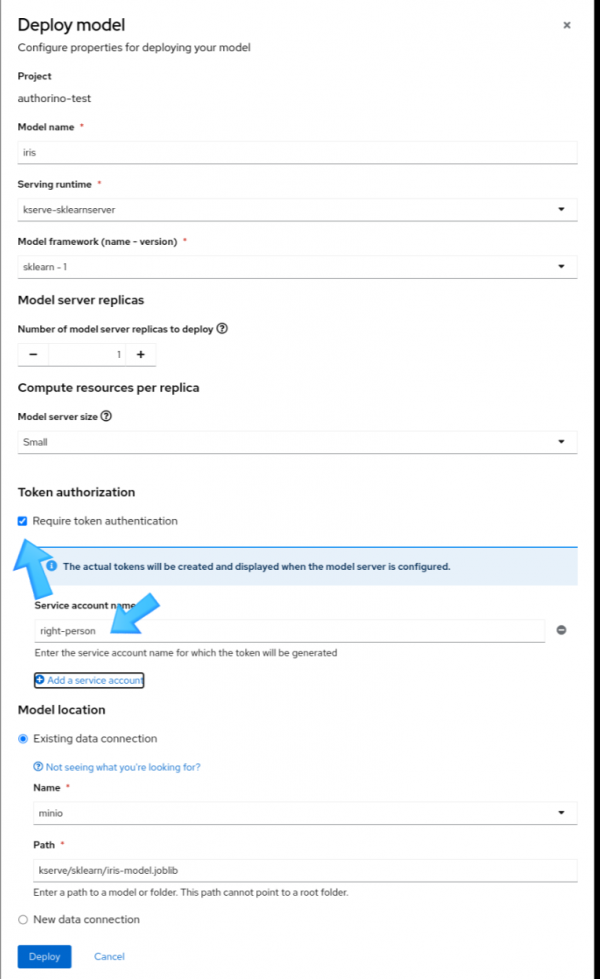 A view of the Deploy model page with the right-person entered into the Service account name field.