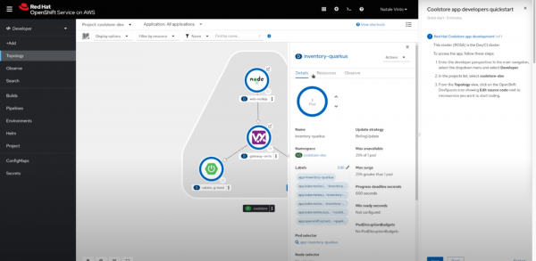 A screenshot of a list of details for the inventory-quarkus service shown in the OpenShift Topology View.