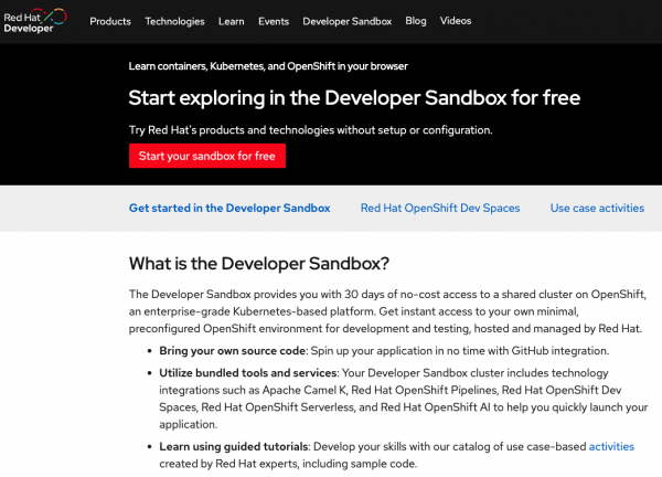 Picture of the Developer Sandbox page