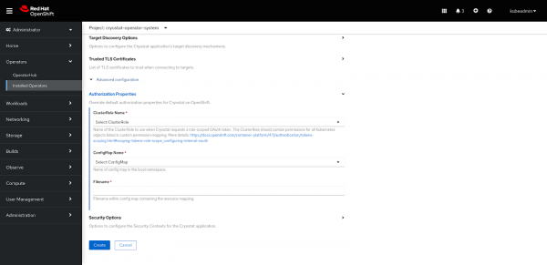 Screenshot showing the Authorization Properties options for Cryostat containers.