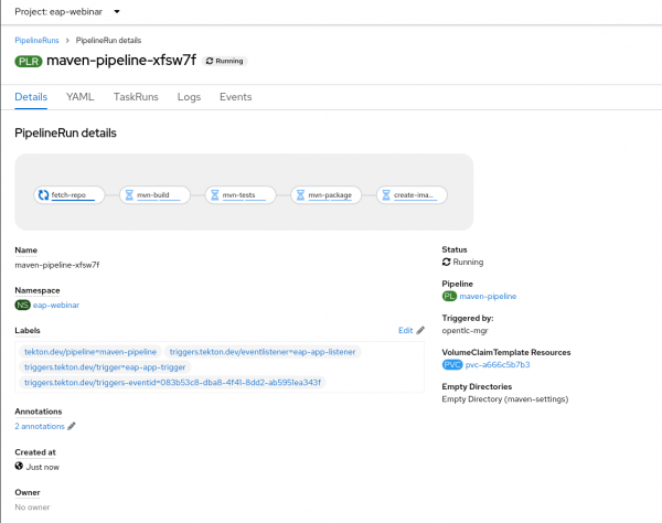 OpenShift console view of active pipeline run