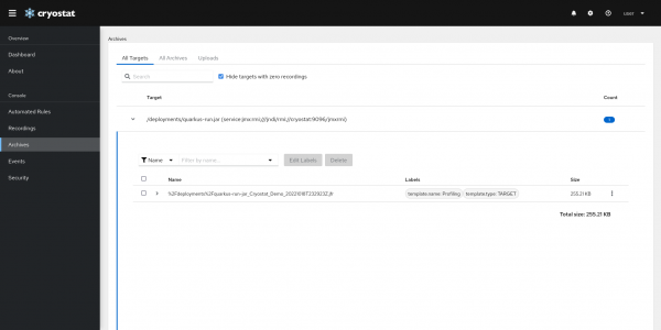 Screehshot showing how to view archived recording within nested table from target in the All Targets view