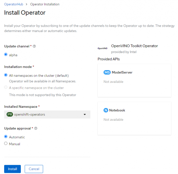 Screenshot showing the installation of the OpenVINO Toolkit Operator