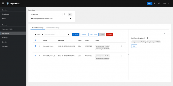 Screenshot showing the editing recording labels menu