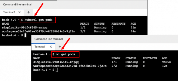 Two terminals showing the output of oc and kubectl commands.