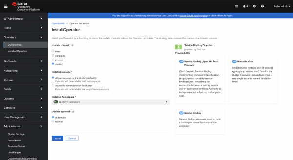 Screenshot of the Install Operator page, which gives you options for how the Operator is run and updated