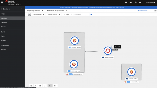 Screenshot of your application in the Topology view, which includes an Open URL link for viewing its web page.