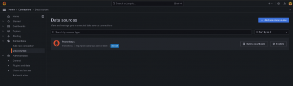 Data sources menu in Grafana with the navigation menu on the left.