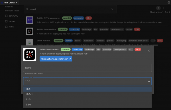 select helm chart for red hat developer hub