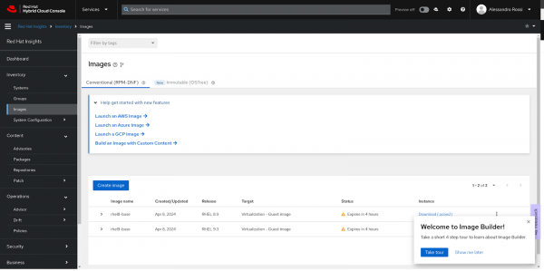 Red Hat Insights page for Image Builder