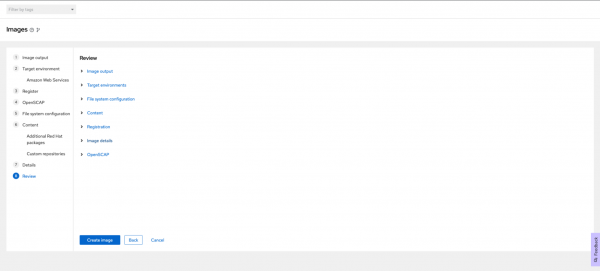 Review the details from the image wizard in Red Hat Insights image builder before creating the image