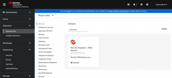 Locating the AMQ Streams Operator by filtering results in OperatorHub.