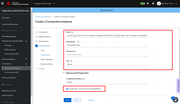 A screenshot of configuration properties for MongoDB Debezium connector.