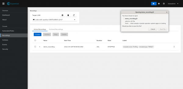 The Recordings view for a sample application in the Cryostat web client. A recording download has been requested causing the "Save File" prompt to show.