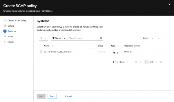 Screenshot showing how to register a new policy to an existing system in the policy creation wizard in Insights Compliance