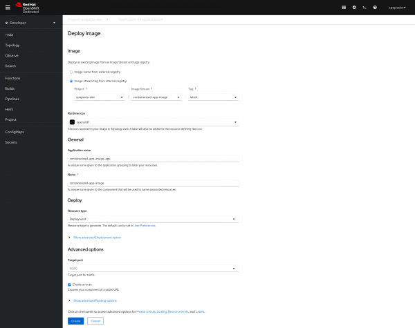 Picture of OpenShift Deploy Image page, with radio button selected for "Image stream tag from internal registry", Deployment as the deploy type and Create a route checked.