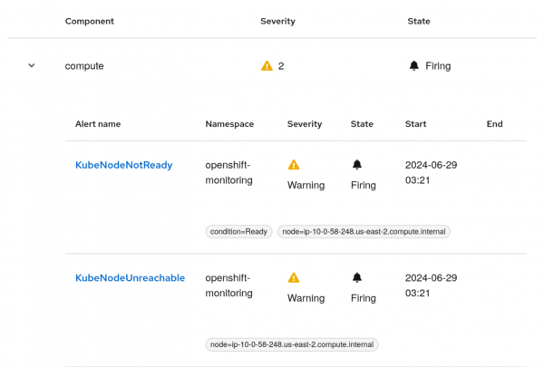 Information about the alerts related to the underlying nodes infrastructure.