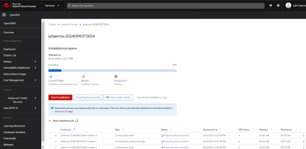 Red Hat Hybrid Cloud Console showing the cluster installation process.