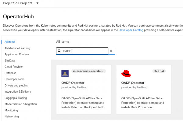 Red Hat Operator Hub console for installing operators via a GUI.