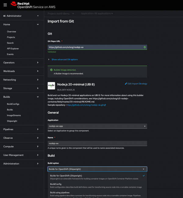 OpenShift Web Console - Import from Git with Shipwright Builds