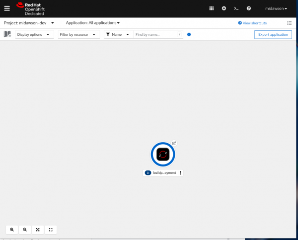 Picutre of OpenShift topology page with the single deployed application running